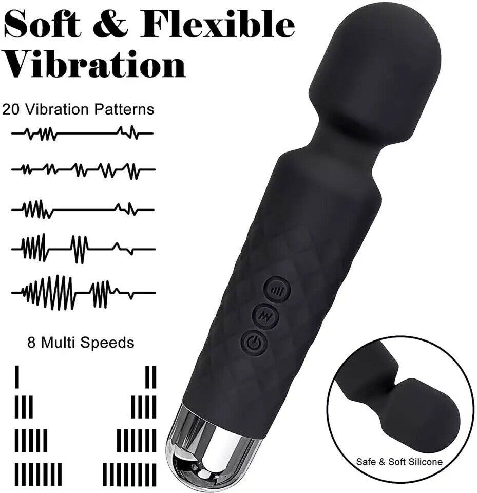 Black silicone vibration wand with control buttons and text about vibration patterns and speeds on a white background.