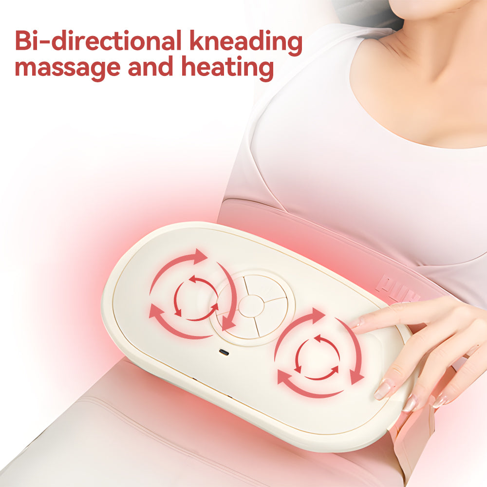 Person using a white massage device with red arrows indicating bi-directional kneading massage and heating.