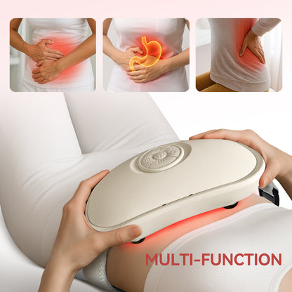Person using a white electronic device on their leg with images of body parts showing pain above.