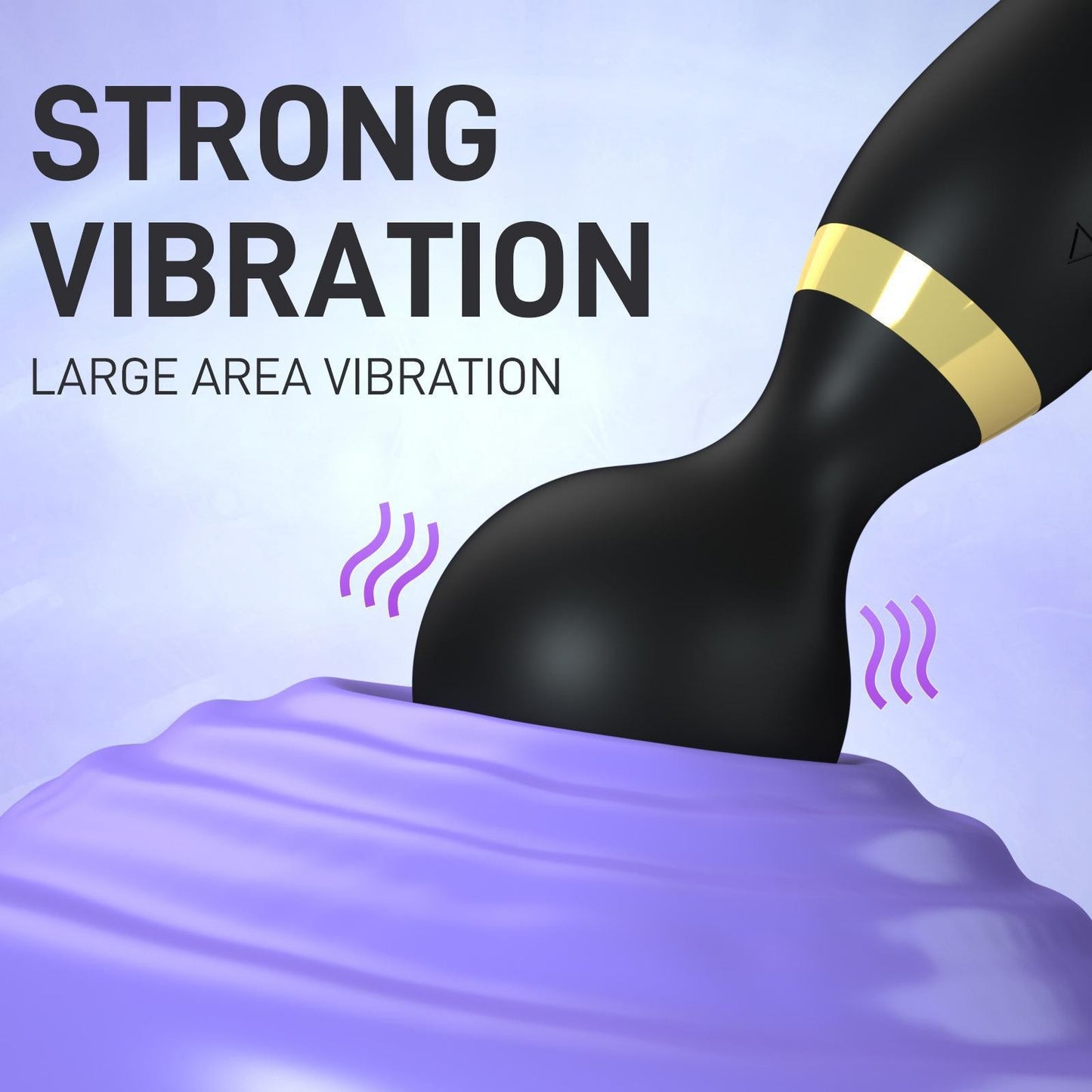 Black and purple massager with text 'Strong Vibration' on a light blue background