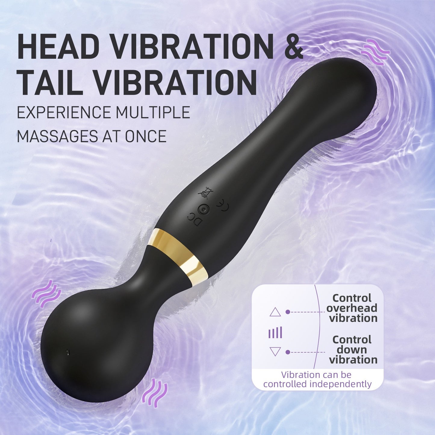 Black and gold massager with text on head and tail vibration on a purple background