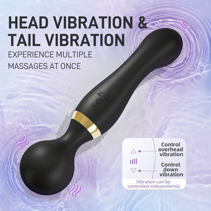 Black and gold massager with text on head and tail vibration on a purple background