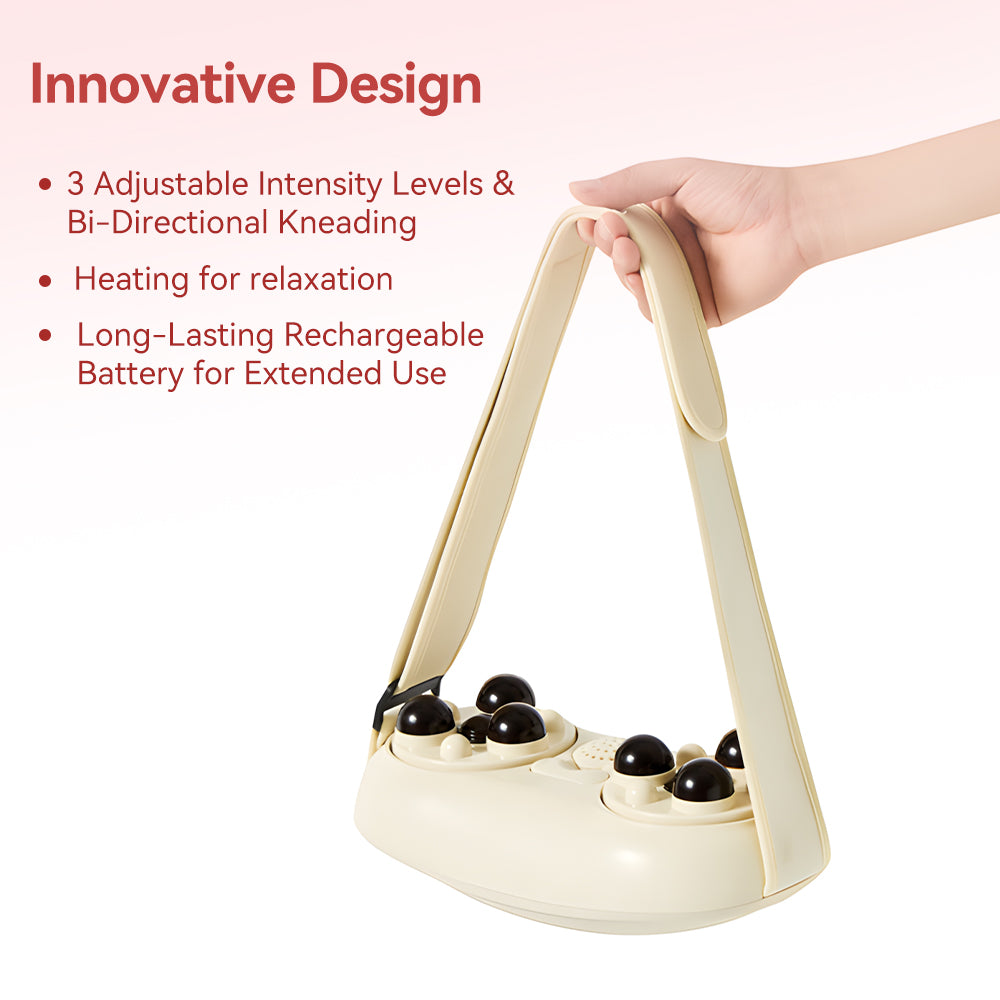 Handheld massager with black beads on a white background, featuring text about its innovative design.