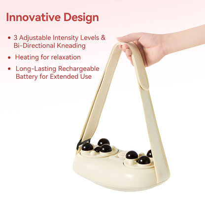 Handheld massager with black beads on a white background, featuring text about its innovative design.