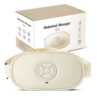 Beige abdominal massager with packaging on a white background