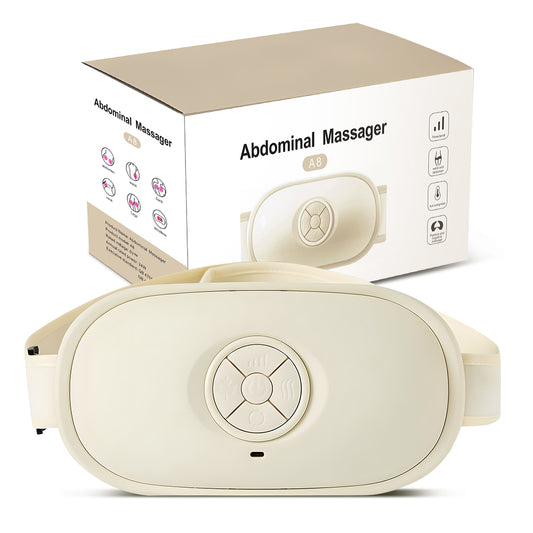 Beige abdominal massager with packaging on a white background