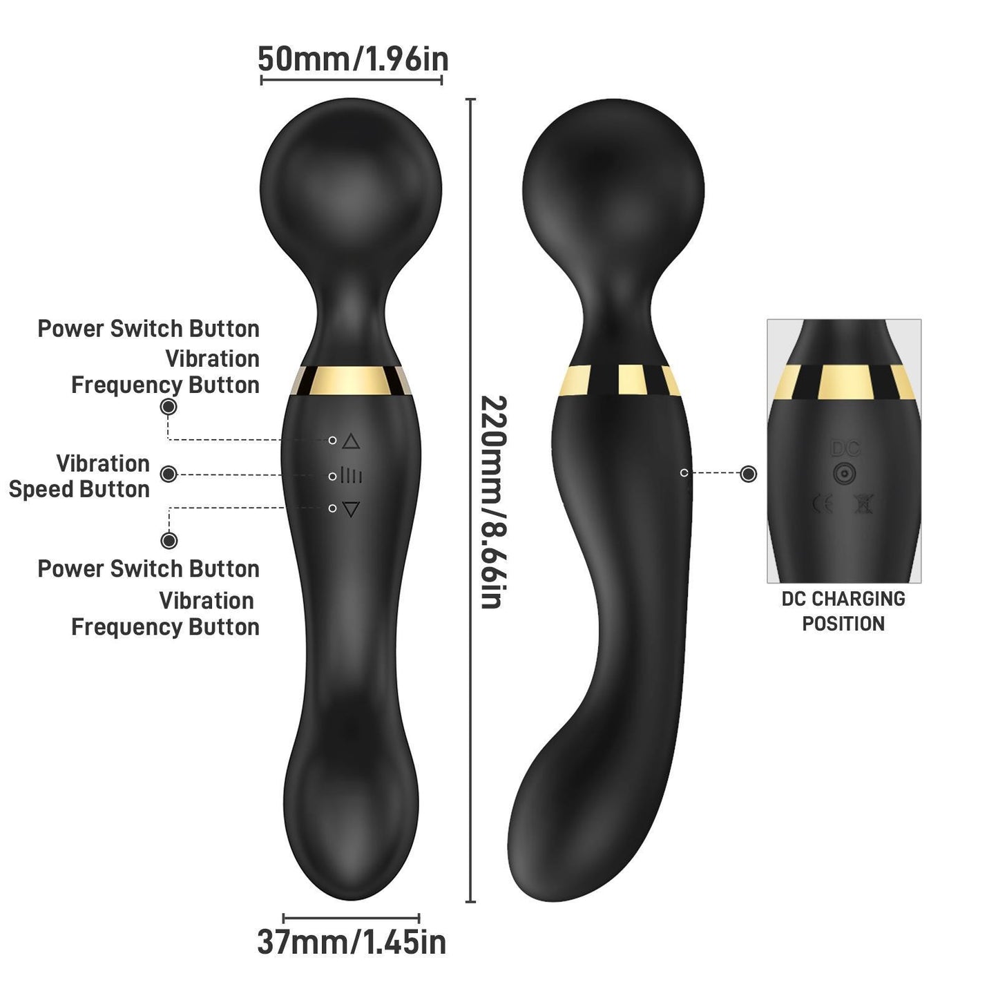 Black and gold electronic device with labeled buttons and dimensions on a white background