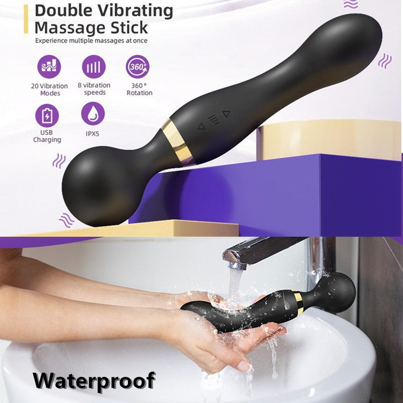 Black double vibrating massage stick with product features and usage scenario on a white background