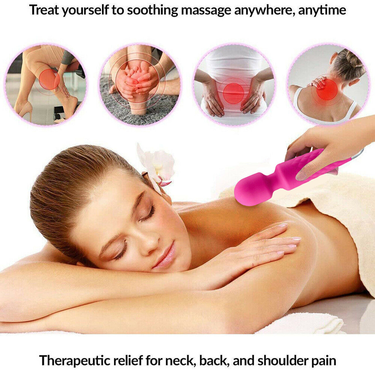 Woman receiving a massage with a handheld massager, promoting therapeutic relief for neck, back, and shoulder pain.