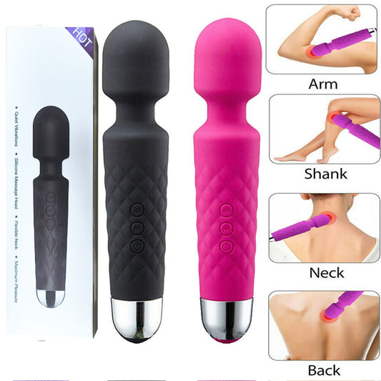 Black and pink handheld massagers with packaging and usage illustrations.